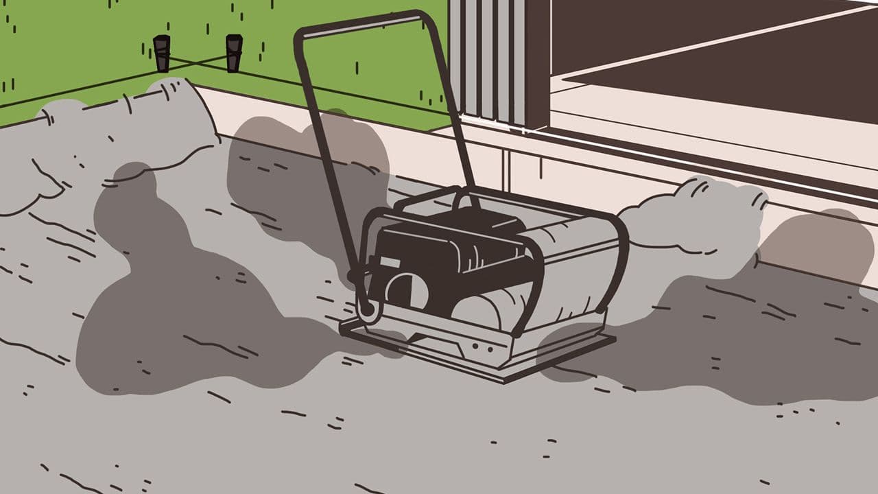 Illustrasjon som viser at du skal bruke platevibrator når du legger belegningsstein.