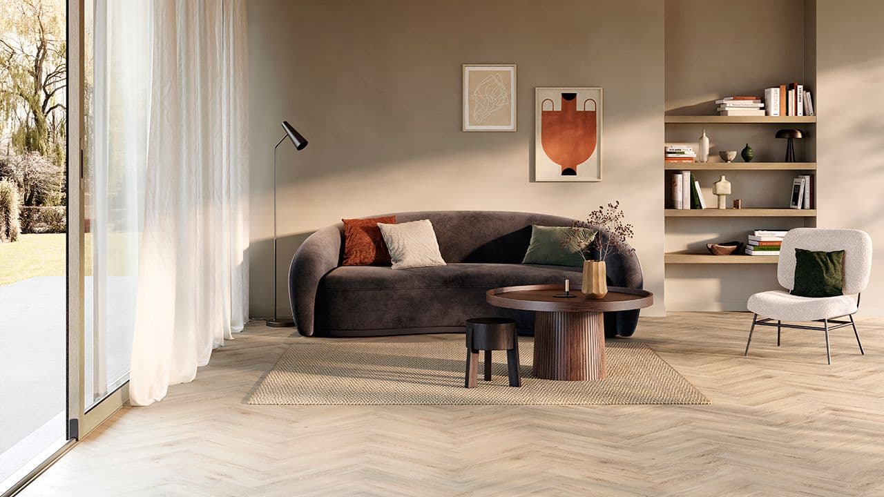 Moderne stue med gulv som ikke knirker