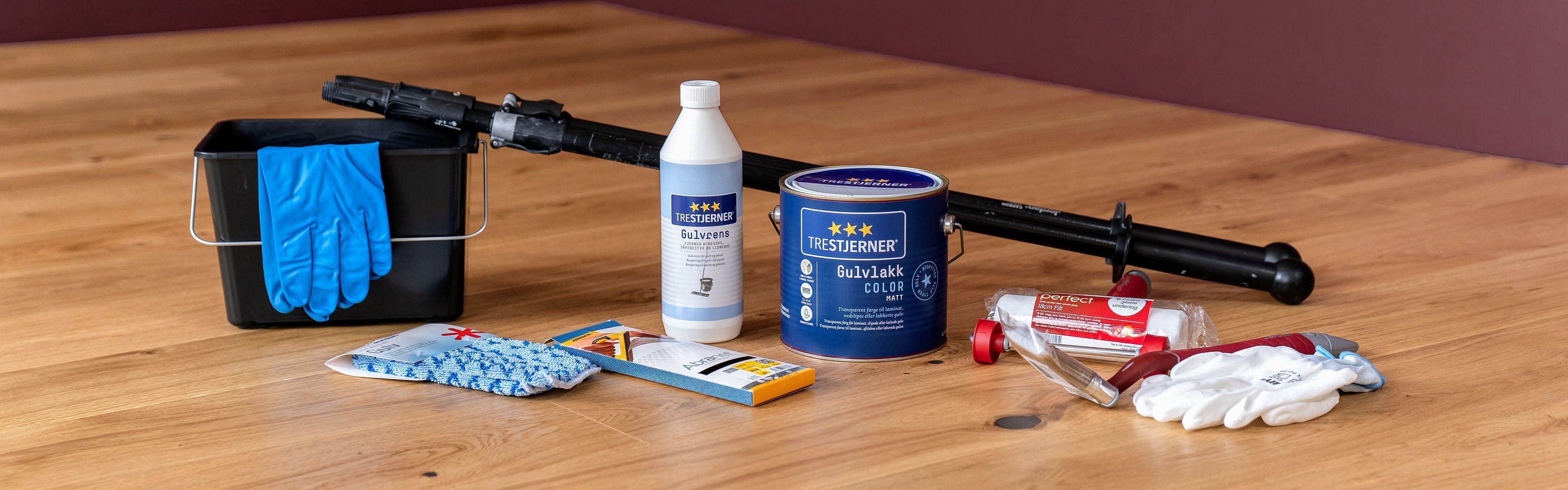 Utstyret du trenger for å lakke gulv med Trestjerner gulvlakk.