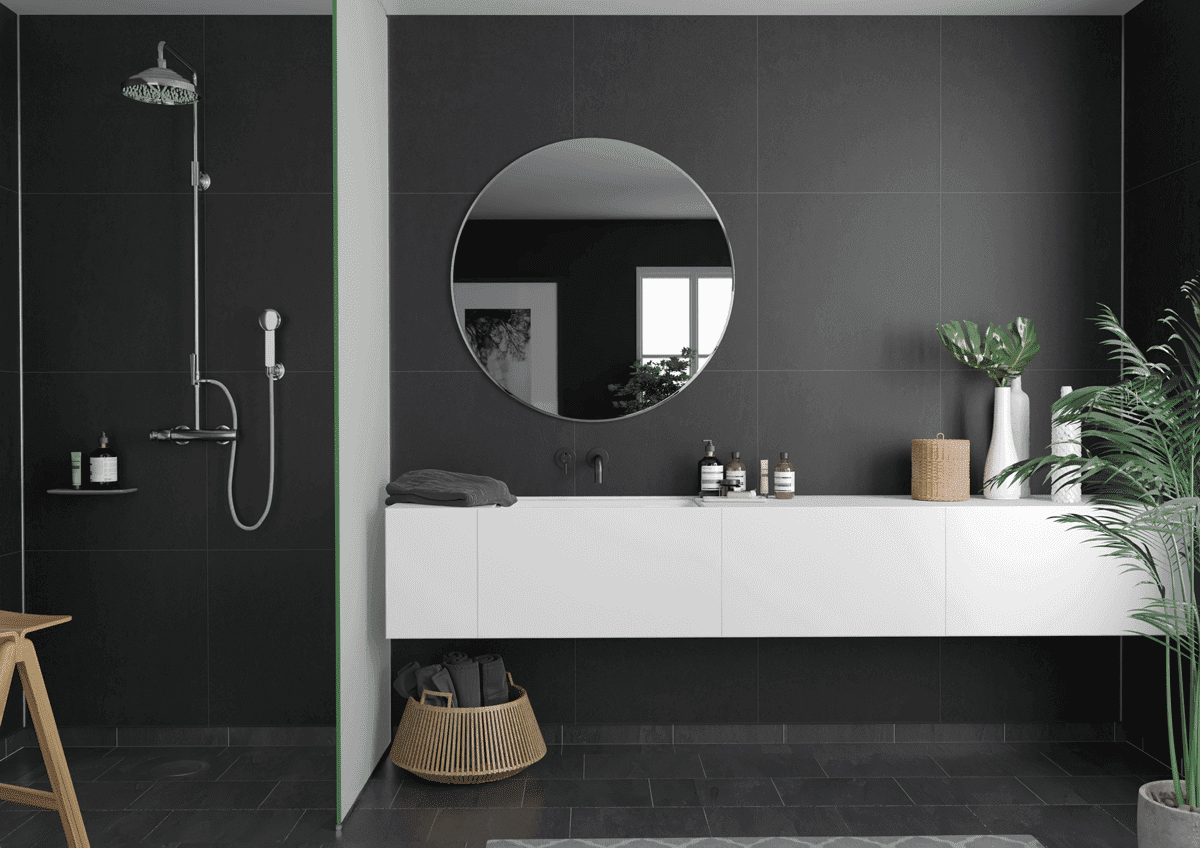Moderne bad med Fibo veggplater i farge Dark Soot