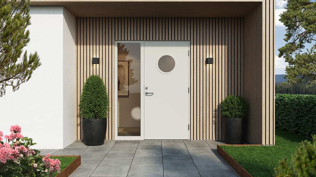 Hvit ytterdør med sidefelt på funkishus for ytterdør inspirasjon.