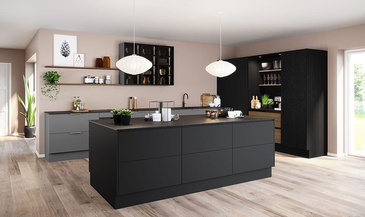 moderne kjøkken med stor kjøkkenøy og pocketdører