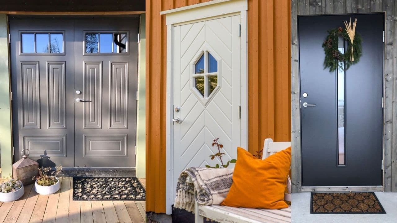 Grå ytterdør, hvit ytterdør og sort ytterdør, alle med glassfelt.