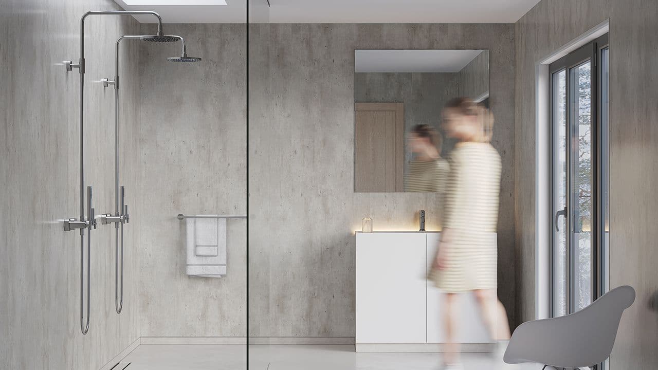 Bad med veggplater med sementdekor som man kan bruke når man vil montere baderomsplater selv.