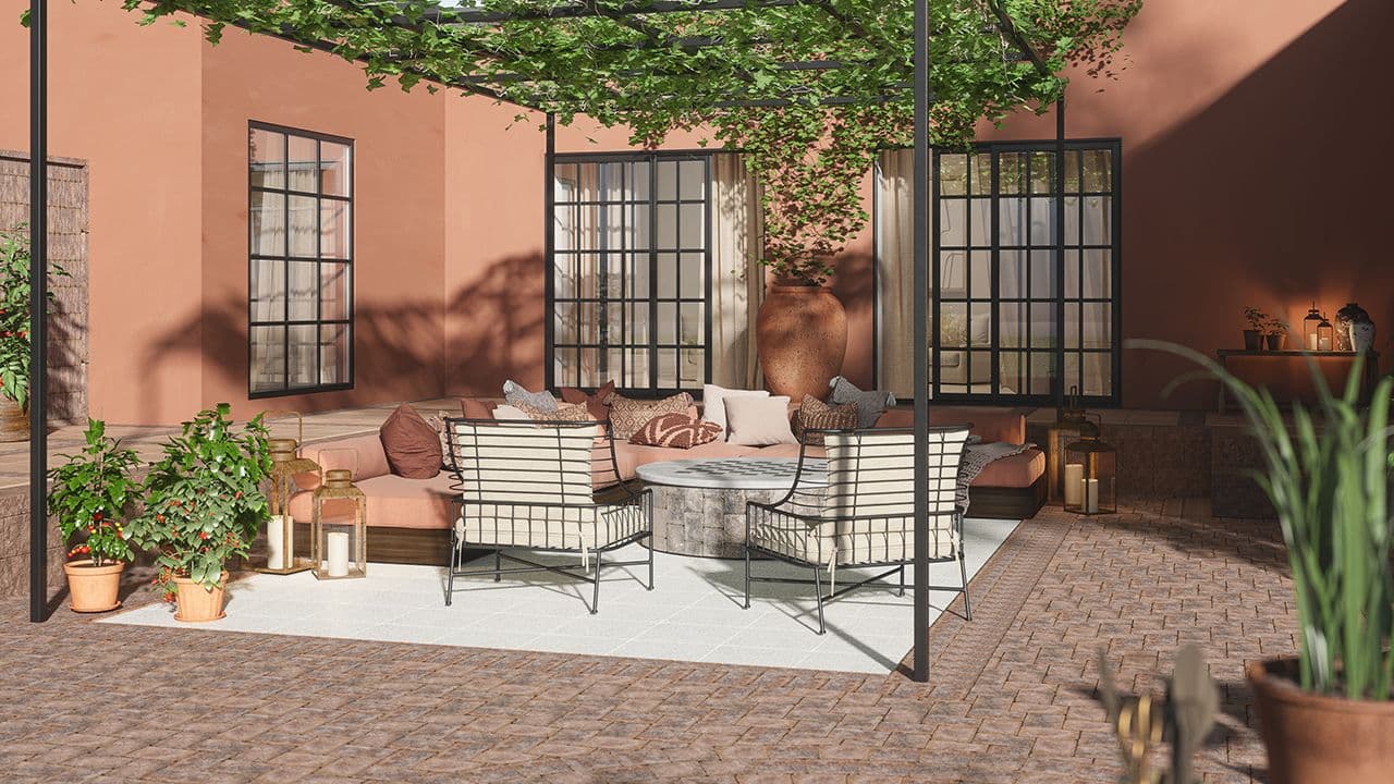 Inspirasjon til norsk hage med stein, sitteplass med pergola, ildsted og sittegruppe