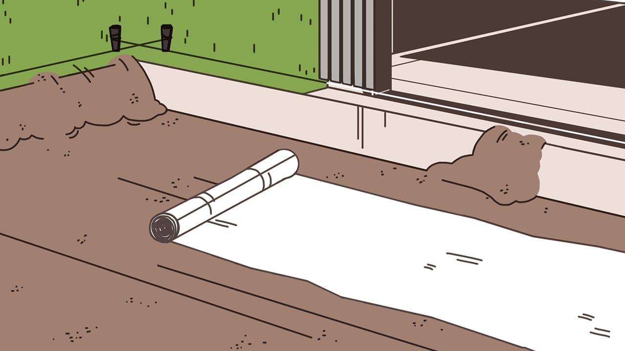 Illustrasjon som viser at du skal bruke fiberduk når du legger belegningsstein.