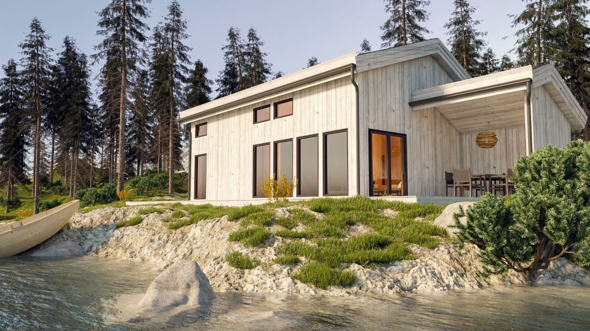 Hytte beiset med oljedekkbeis fra Gjøco i fargen Snøhvit 81001.